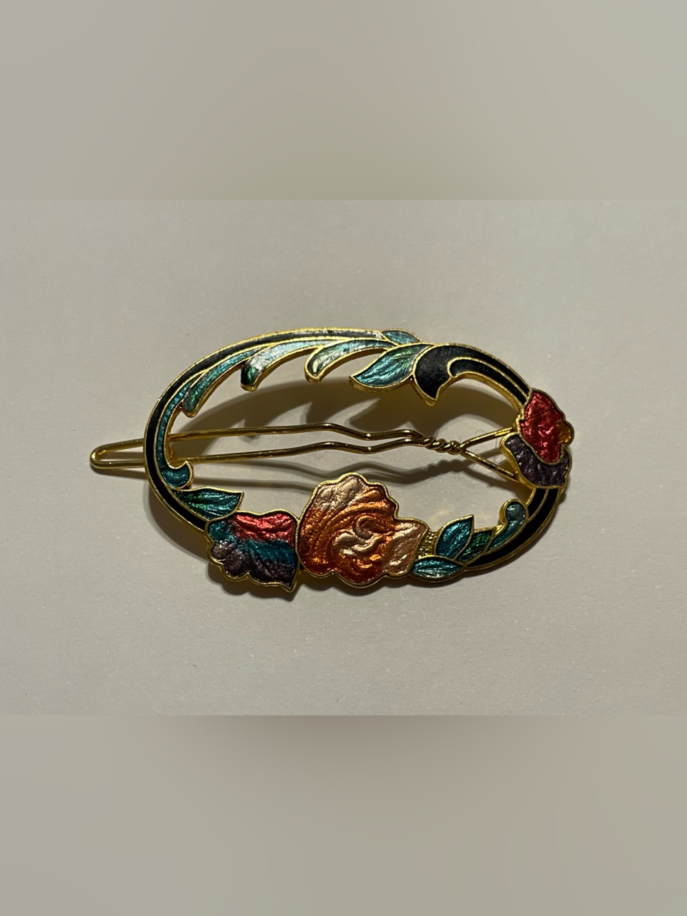 Vintage Cloisonné Rose Flower Golf Tone Enamel Hair Clip #8665